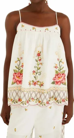 Farm Rio Flower Embroidery Open Back Sleeveless Blouse In Off White