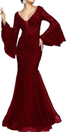 Generic Women Lace Sexy Fishtail Banquet Gown Sequins Slim Mermaid Evening Long Dresses Ladies Formal Party Prom Fish Tail Frock (Red,S)