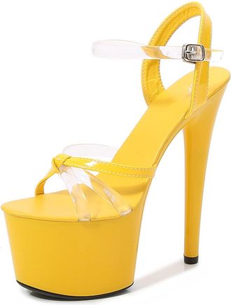 Generic Yellow,4.5 UK,Womens Sandals Peep Open Toe Stiletto High Platform Heels with PVC Transparent Ankle Strap Wedding Bridal Party Dress Shoes