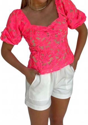 Adelyn Rae Embroidered Flower Puff Sleeve Top In Neon Pink