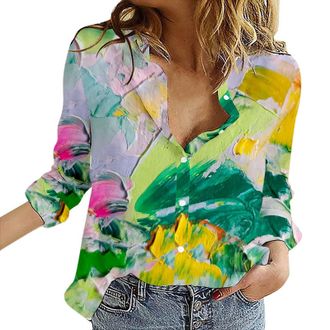 Generic Womens Long Sleeve Shirt Patterned 2024 Blouse Top Womens Shirts Floral Print Button Down Shirt Fashion Lightweight Long Sleeve Blouse Spring Summer C