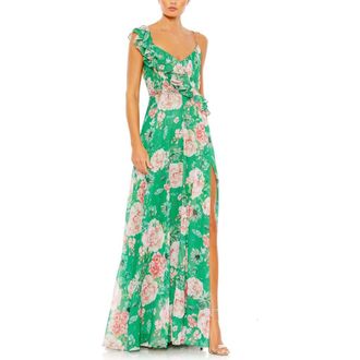 Mac Duggal Floral Print Ruffled Wrap Over A Line Gown in Green Multi at Nordstrom, Size 2