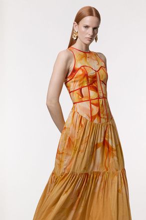 Karen Millen Womens Ombre Floral Silk Cotton Halter Maxi Dress - Orange - Size 10 UK