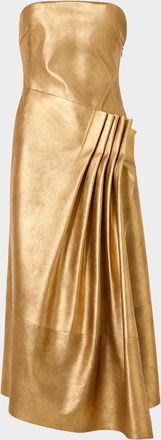 Akris Strapless Asymmetric Gathered Lam&eacute; Nappa Leather Midi Bustier Gown