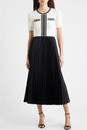 Elie Tahari The Mave Mixed Media Sweater Dress in Sky White /Noir at Nordstrom, Size X-Large