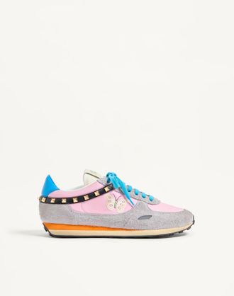Valentino Garavani Stud Up Trainer In Split Leather And Nylon With Butterfly Embroidery