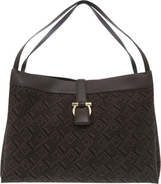 Ferragamo Brown Dark Brown Leather Fabric Shoulder Bag Tote Bag (Pre-Owned)