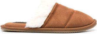 Polo Ralph Lauren embroidered-logo faux-fur slippers - women - Fabric/Rubber/Fabric - 5 - Brown