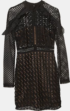 Self Portrait Black Geometric Pattern Lace Ruffled Mini Dress
