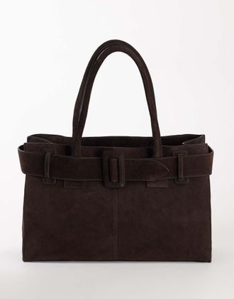 Topshop Tammy borsa tote in vera pelle scamosciata con dettaglio cintura color cioccolato-Marrone