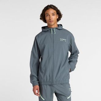 New Balance Mens Reimagined Woven Graphic Jacket in Grey Polywoven, size Small