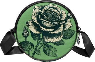 Generic Circle Crossbody Bag for Women, Green Black Rose Small Sling Bag Daypack with Zipper Adjustable Shoulder Straps Casual Ladies Girls Round Purse