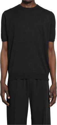 Lardini Katoen Linnen Jacquard Knit T-Shirt - Heren - Ronde hals truien - Zwart - L - Katoen - Truien & Vesten