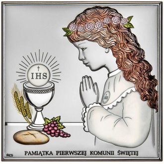 OEM Cuadro Plateado Recuerdo De La Primera Comuni&oacute;n Con Ni&ntilde;a, Grabado A Color Ds48-ca 11 X 11 Cm