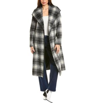 Elie Tahari Womens Julianne Plaid Mid-Length Wool-Blend Coat, Black/White