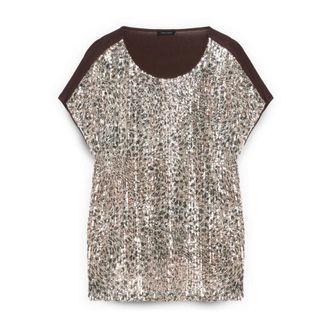 Fiorella Rubino Overhemden, Dames, Grijs, XL, Pailletten, T-shirt van twee materialen met pailletten