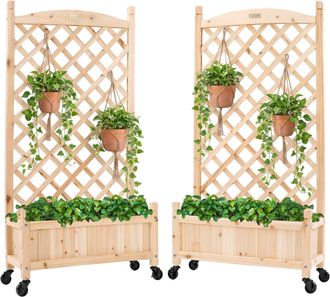Best Choice Products Set of 2 48in Wood Planter Box & Diamond Lattice Trellis, w/ Drainage, Optional Wheels
