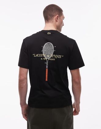 Lacoste T-shirt nera con stampa di tennis sul retro-Nero