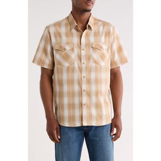 Frye Plaid Short Sleeve Dobby Button-Up Shirt in Tan at Nordstrom Rack, Size X-Large