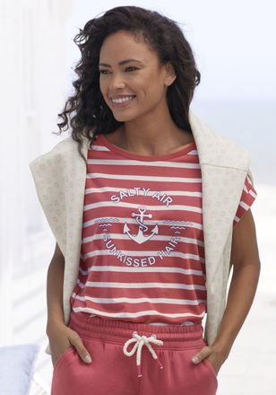 H.I.S T-Shirt H.I.S, Damen, Gr. 48/50, rot, Sweatware, Obermaterial: 100% Baumwolle, gestreift, Basic h&uuml;ftlang, Rundhals, angeschnitten elastischer Bund, Sh