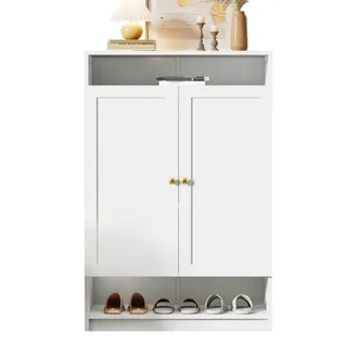 STILVORA Mueble Zapatero Con 2 Puertas, Estantes Ajustables Y Huecos Abiertos, En Tablero De Part&iacute;culas, 73&times;34&times;109 Cm, Blanco