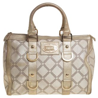 Versace Metallic Gold/cream Signature Canvas And Leather Snap Out Of It Satchel