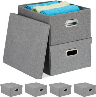 Relaxdays 6x Scatola Portaoggetti con Coperchio, Set di Cestini Pieghevoli da 25 l luno, Box Salvaspazio 20,5x34,5x42, Grigio