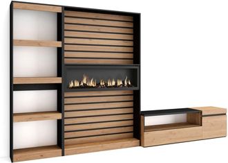 Skraut Home Mueble tv efecto madera roble y negro 320x35x186 chimenea efecto fuego