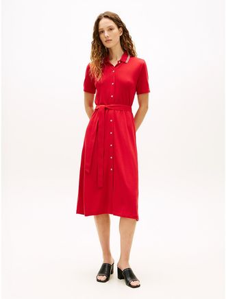 Tommy Hilfiger Womens Belted Tipped Midi Polo Dress - Red - XXL