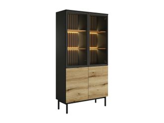 Vente-Unique Vitrina de 3 puertas con LEDs - Natural y negro - LABENIA