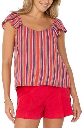 Liverpool L.A. Flutter Sleeve Woven Top With Ties Womens Clothing Red/Blue Multistripe : LG, Viscose