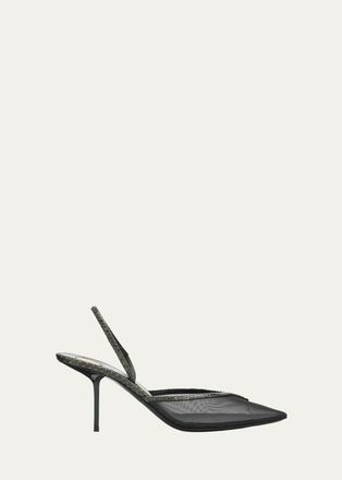 Saint Laurent 90mm Mesh and Python-Embossed Leather Slingback Pumps