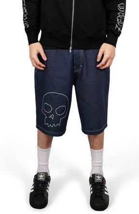 Pleasures X Zero Skateboards Skull Embroidered Denim Shorts in Raw at Nordstrom, Size 38