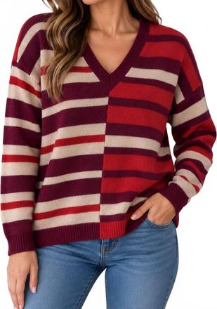 Minnie Rose Multi-Colored Striped V-Neck Knit Sweater In Vineyard Combo