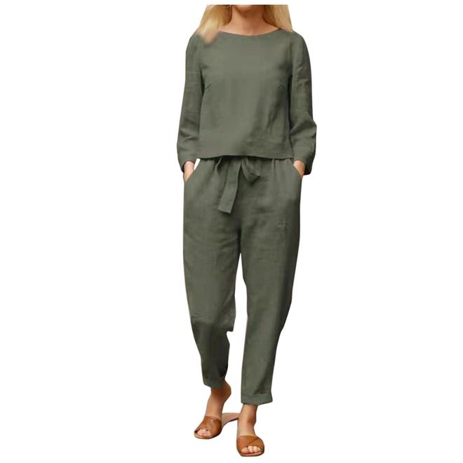 DGHM Womens Summer Tracksuits 2 Piece Outfits Linen Co Ords Sets Loose Fit Round Neck Short Sleeve T-Shirt Solid Cotton Linen Tops and Casual Trousers