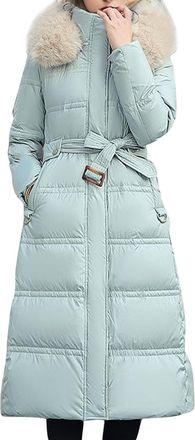 Generic Winter Coats for Women UK Extra Long Puffer Jackets with Hood and Faux Fur Collar Padded Jackets with Belt Outercoat with Pockets Thick Windproof Park