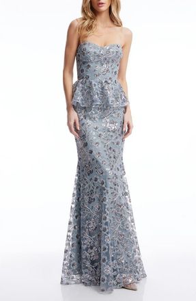 Dress The Population Scarlett Sequin Floral Peplum Mermaid Gown in Graphite Blue Multi at Nordstrom, Size Xx-Large