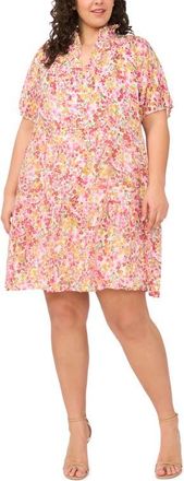 CeCe by Cynthia Steffe Floral Tiered Ruffle Neck Cotton Dress in New Ivory/Pink Multi at Nordstrom, Size 2 X