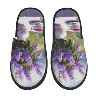Generic Fleece Slippers Lilacs Teapot Scenic Painting Non-Slip Cotton Slippers Furry House Shoes For Travel Indoor Home M