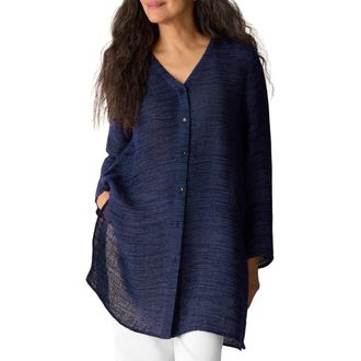 Eileen Fisher Jacquard Organic Linen Blend Button-Up Shirt in Ink at Nordstrom, Size X-Small