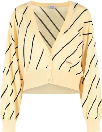 Versace Cropped Cream Wool Cardigan with Contrast Striped Pattern