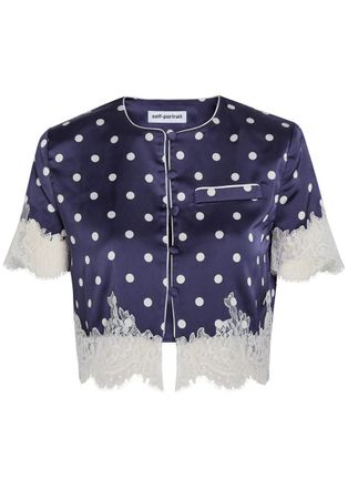 Self Portrait Polka dot Lace-trim Satin top - Navy - 10 (UK10 / S)