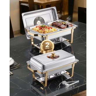 OEM Juego De Calentador De Alimentos Acero Inoxidable Con 4 Recipientes Tama&ntilde;o Medio(4 L Cada Uno), Rectangular, Con Tapa Vidrio Y Soporte A Bandeja De Ag