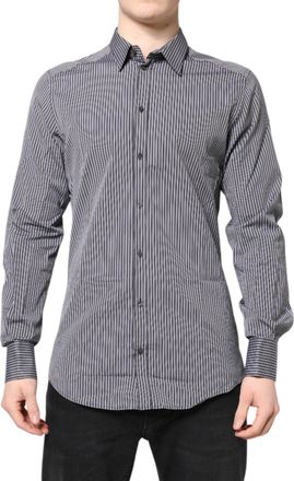 Dolce & Gabbana Mens Black White Striped Gold Formal Dress Shirt And Cotton