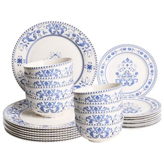 Beliani Vajilla De 24 Piezas De Porcelana Acabado Esmaltado Con Dise&ntilde;o Abstracto Para 8 Personas Comedor Cocina Blanco Y Azul Galangal