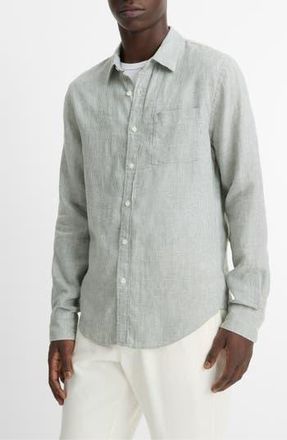 Vince Houndstooth Classic Fit Linen Button-Up Shirt in Broad Leaf/optic White at Nordstrom Rack, Size Xx-Large