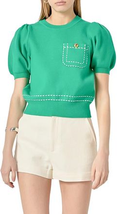 English Factory Stitch Detail Puff Sleeve Sweater in Green at Nordstrom, Size X-Small