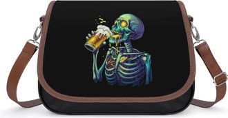Generic Skeleton Drinking Beer Womens Leather Crossbody Bags with Adjustable Strap Casual Printed Shoulder Handbag