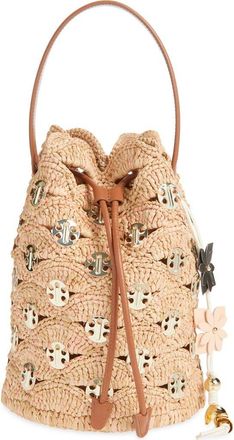 Paco Rabanne 1969 Medium Raffia Bucket Bag in Peach/Gold at Nordstrom
