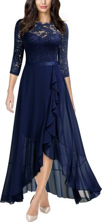 Miusol Womens Elegant Scoop Neck Floral Lace Formal Wedding Maxi Dress (X-Large, Navy Blue)